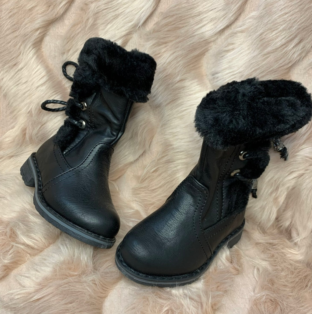 A pair of black kids' long boots with fur lining