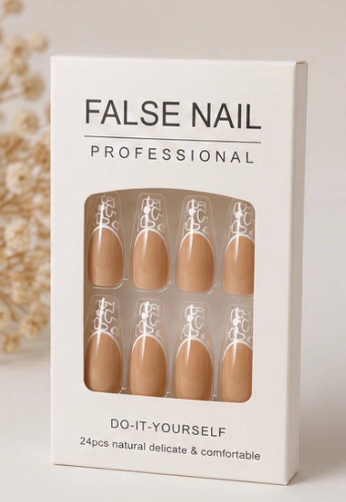 24-piece nude press-on nail set with transparent French tips and white heart detailing