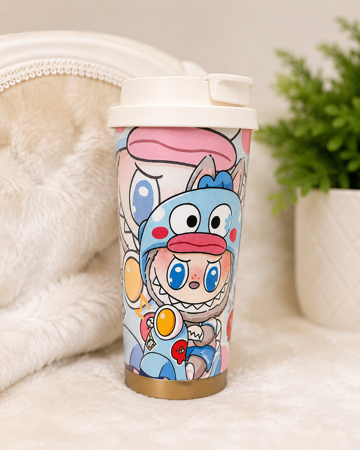 Labubu insulated travel bottle cup with flip lid in assorted colourful cartoon character designs.