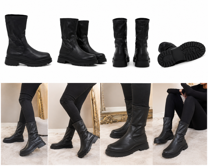 Black faux leather chunky sole slip on mid-calf boots 