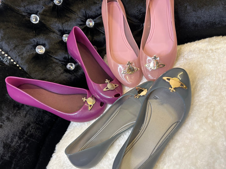 Pink, purple and grey ballet shoes with gold detailing