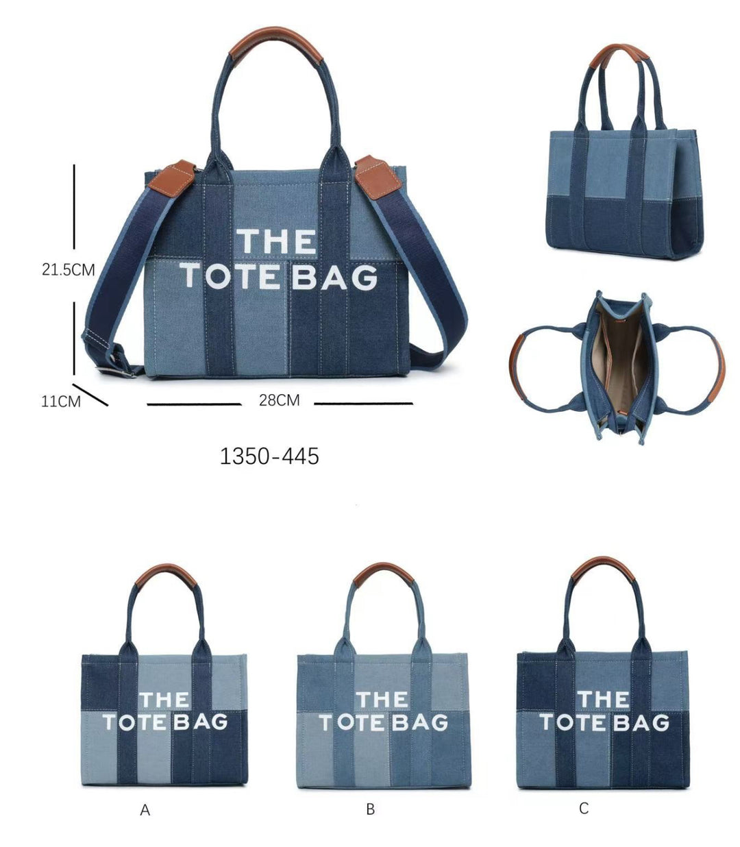 Small blue denim tote handbag with matching strap with brown detail 