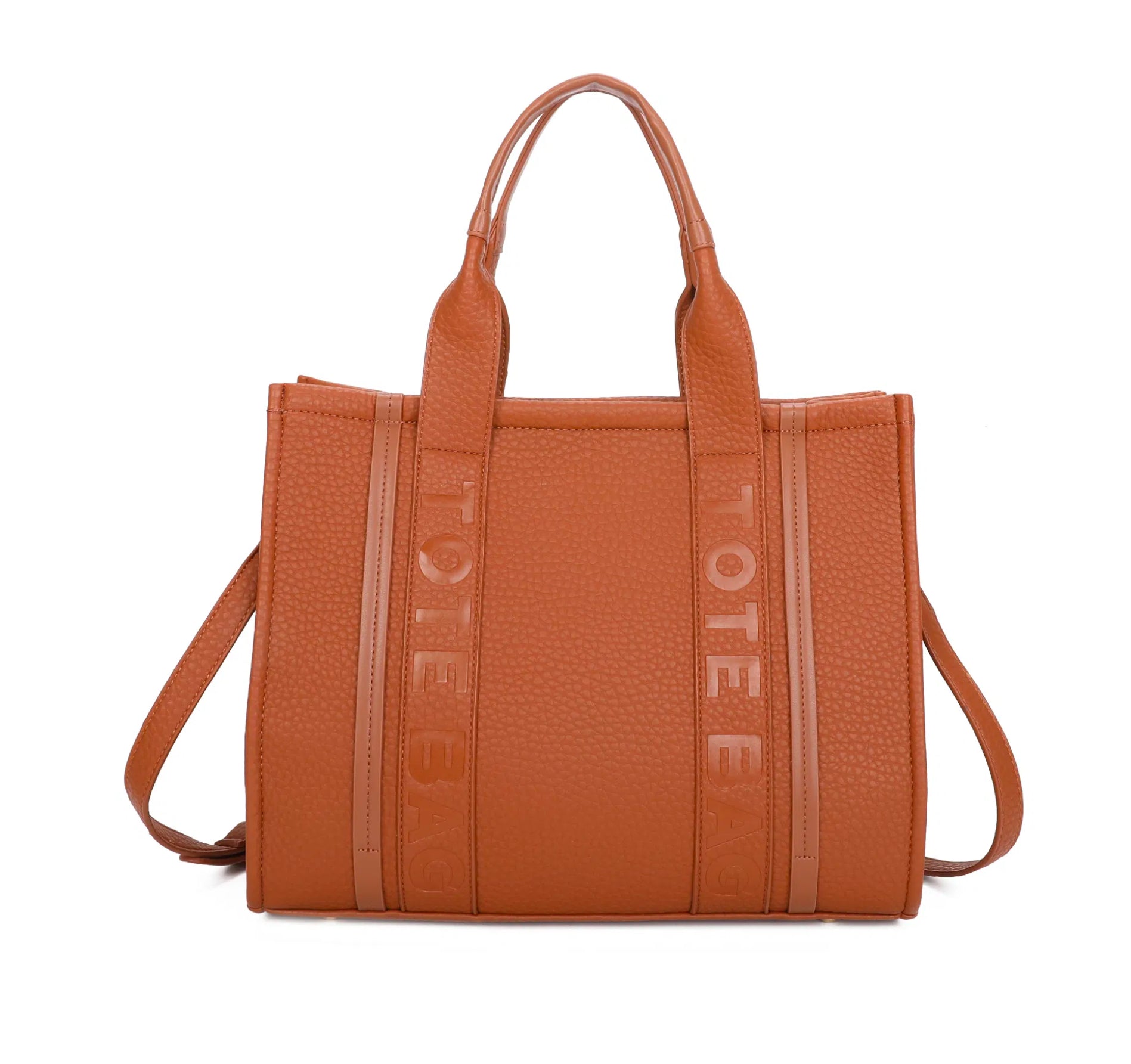A large stripe print tote bag with double handles and a detachable adjustable long strap in tan