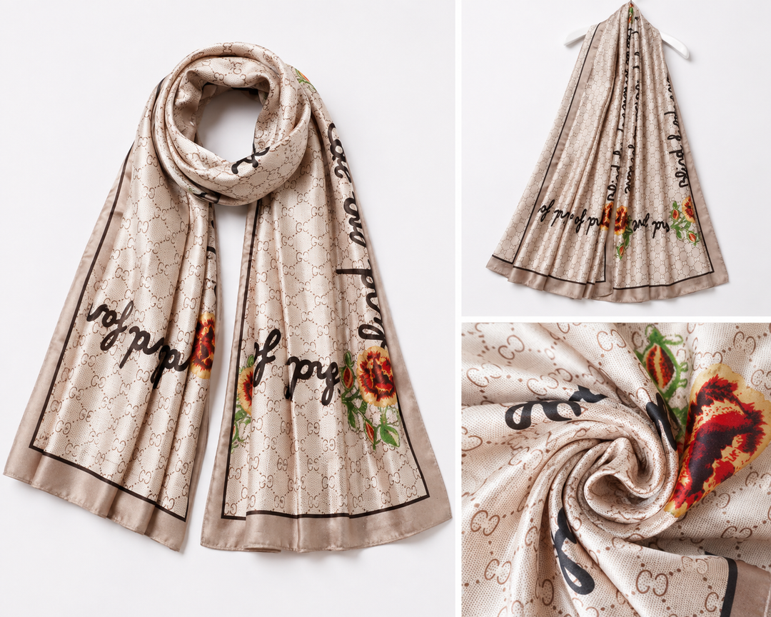 Beige satin feel scarf with monogram inspired print, floral detailing and contrasting border