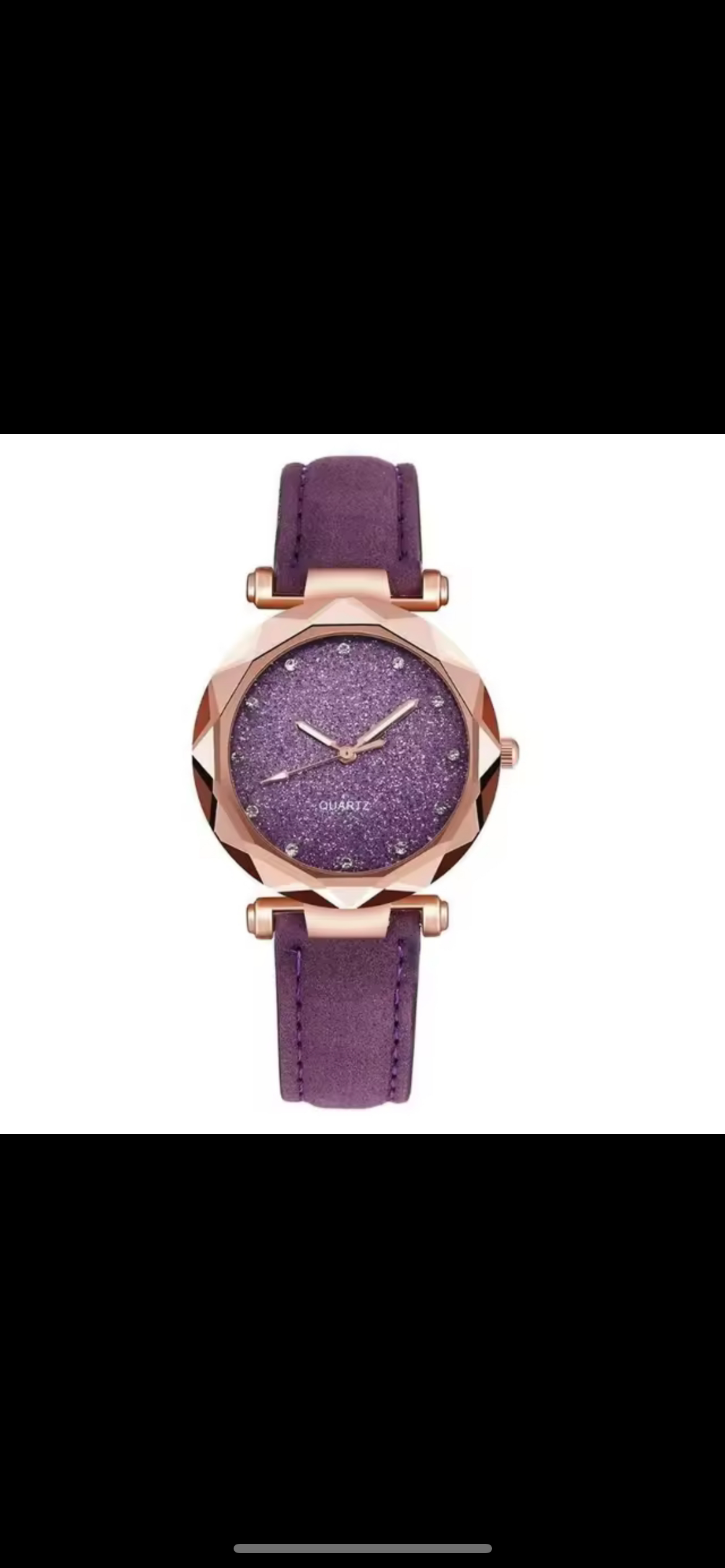 Purple watch with rose gold accents on a white background