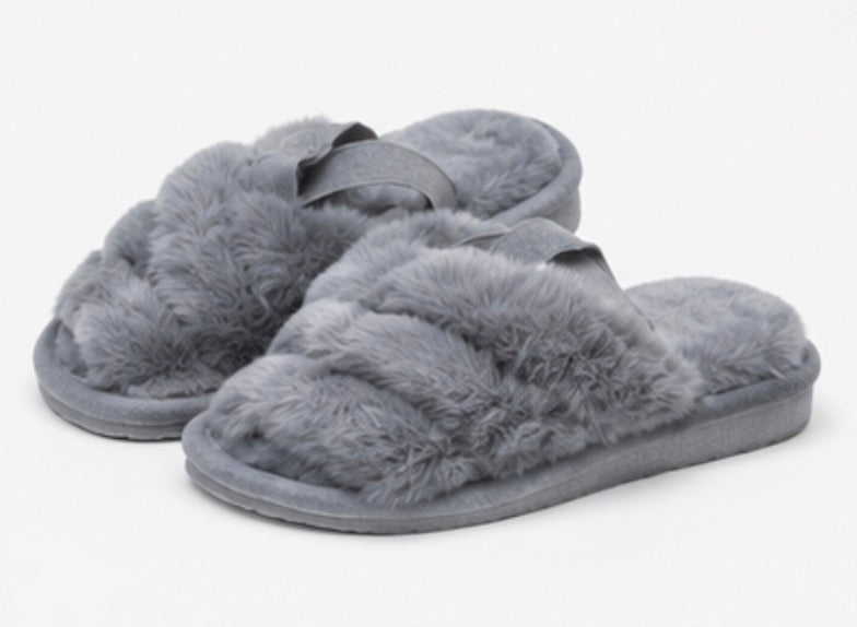 Grey fluffy cross strap slippers with open toe style and elastic heel strap