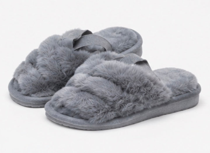 Grey fluffy cross strap slippers with open toe style and elastic heel strap