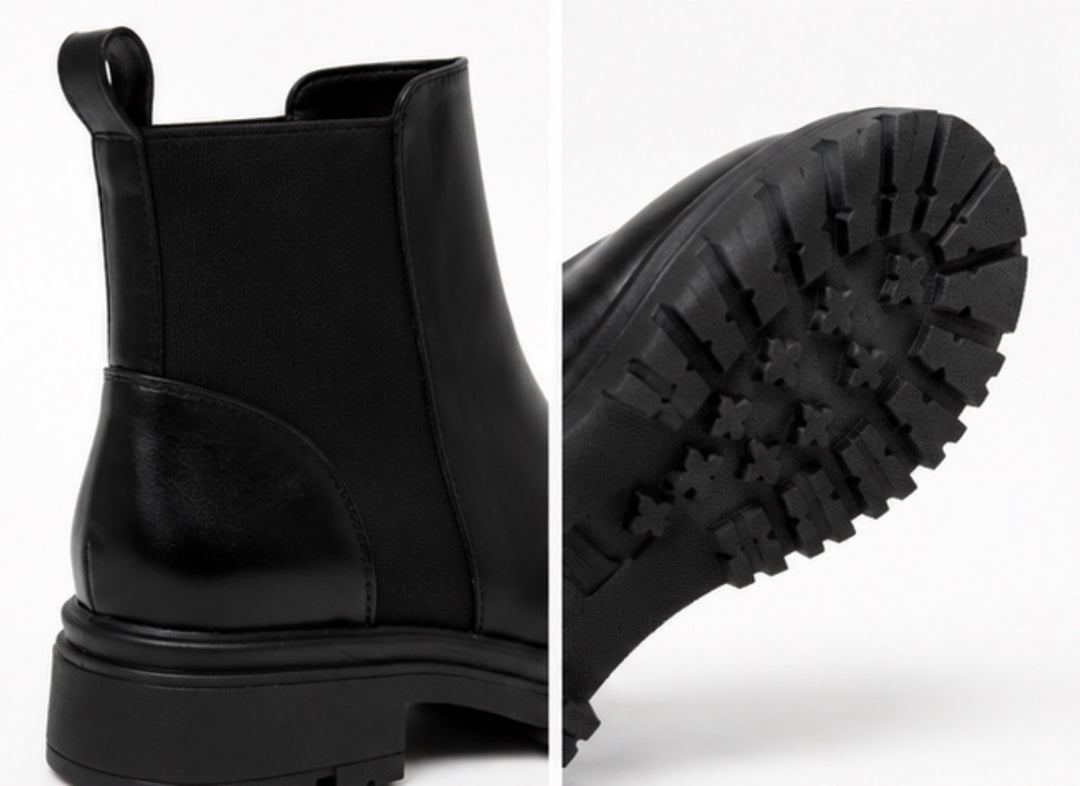 Women’s chunky ankle boots in black and cream with elastic stretch panels