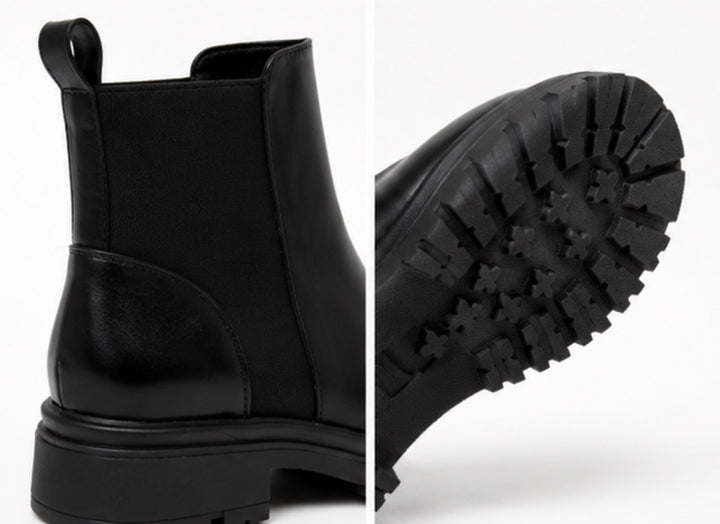 Women’s chunky ankle boots in black and cream with elastic stretch panels