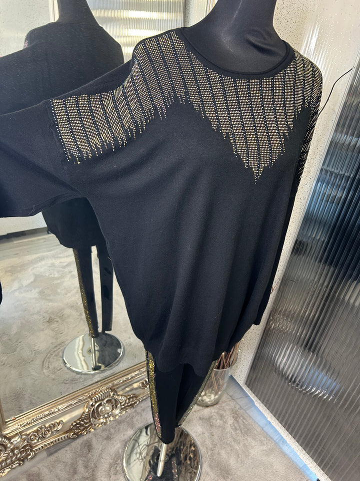 Crystal detailed black legging lounge set 