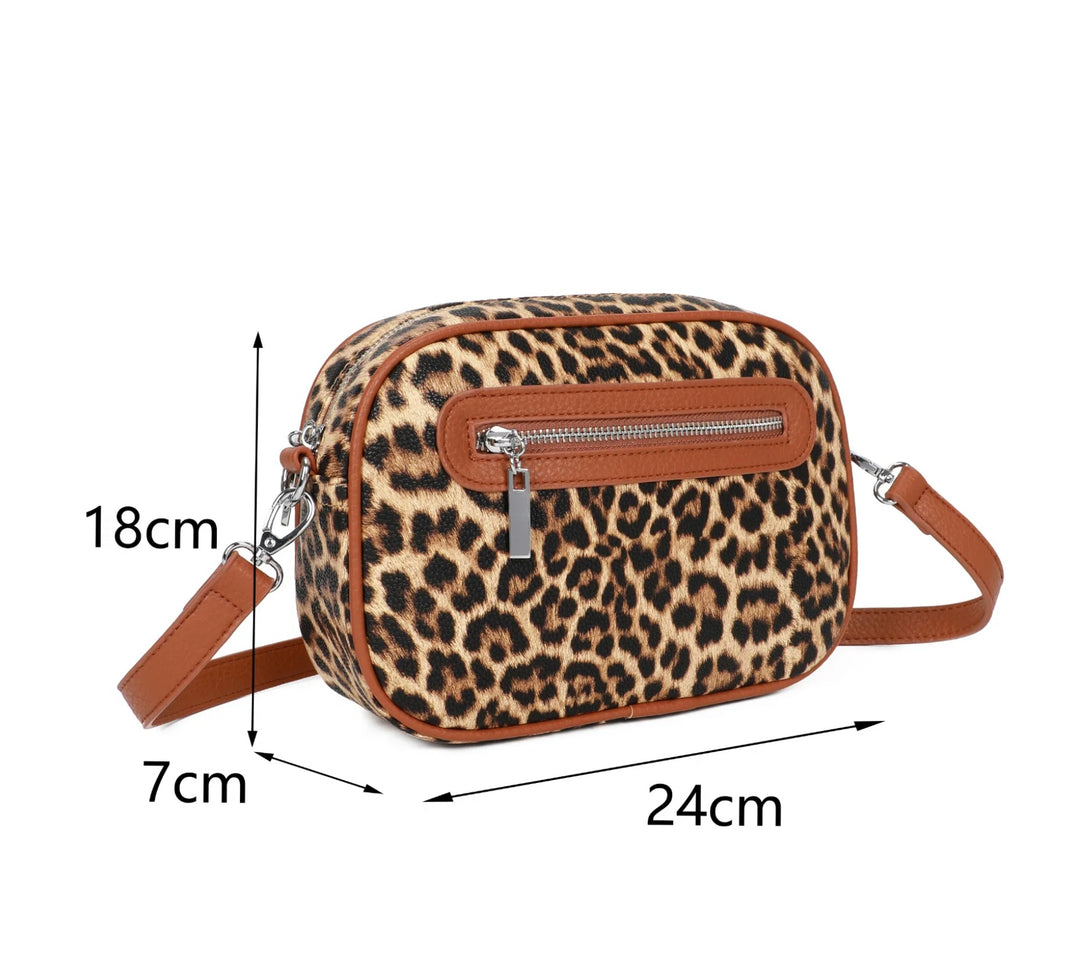 Leopard print crossbody bag with brown  detailing and silver hardware 