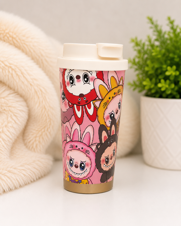 Labubu insulated travel bottle cup with flip lid in assorted colourful cartoon character designs.