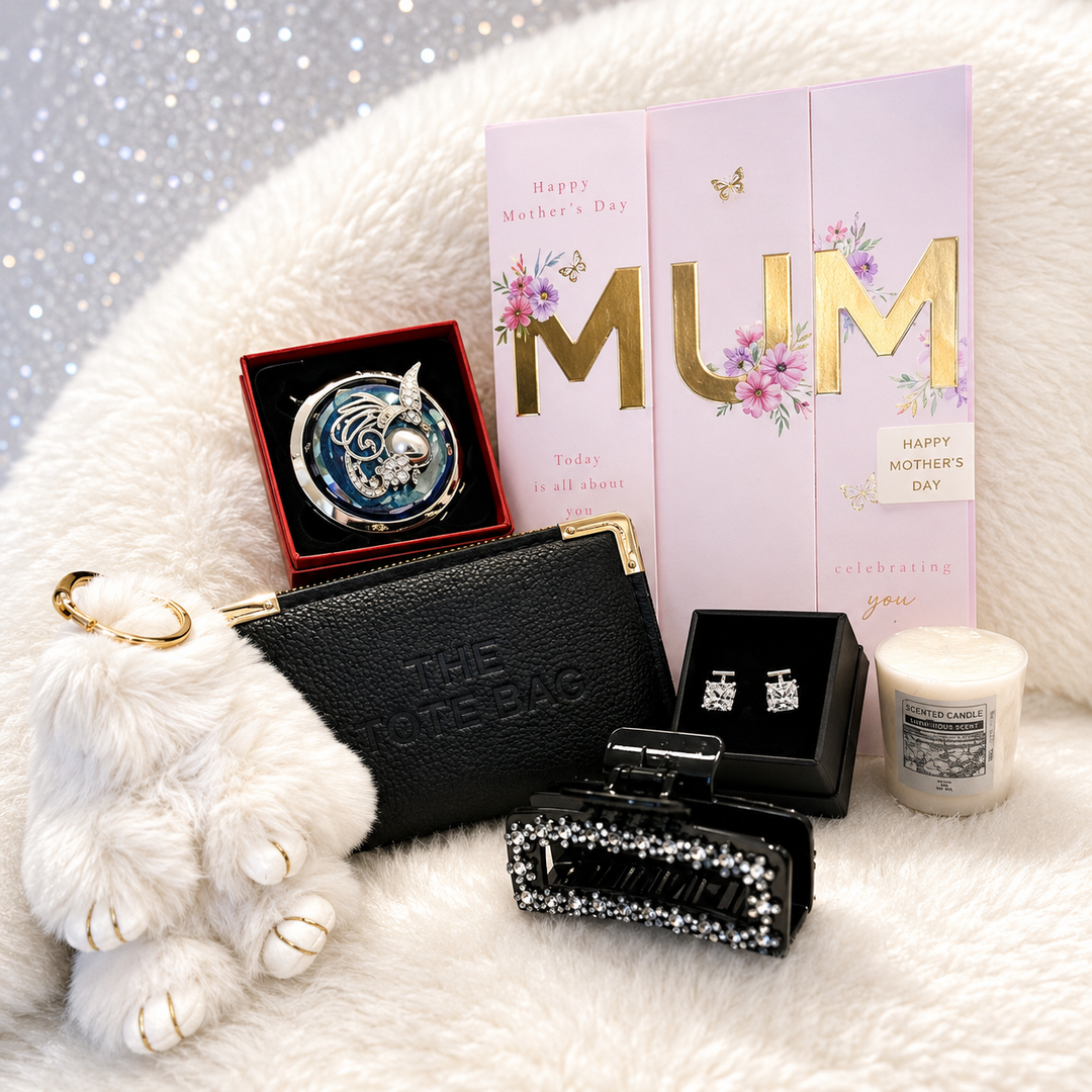 Luxury Mother’s Day gift bundle featuring a Mother’s Day card, purse, jewellery, scented candle and coordinating fashion accessories
