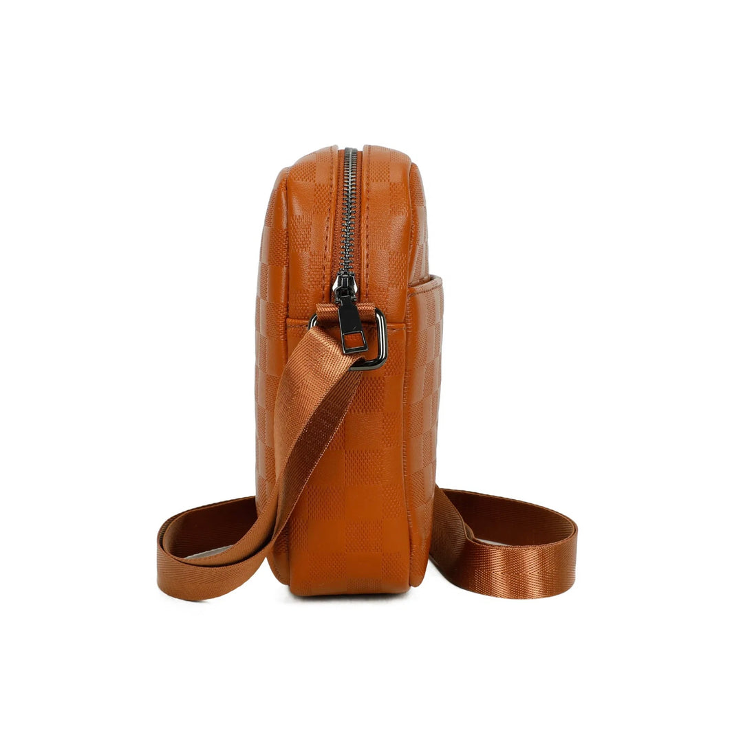 Tan colour checked embossed crossbody handbag with adjustable strap 