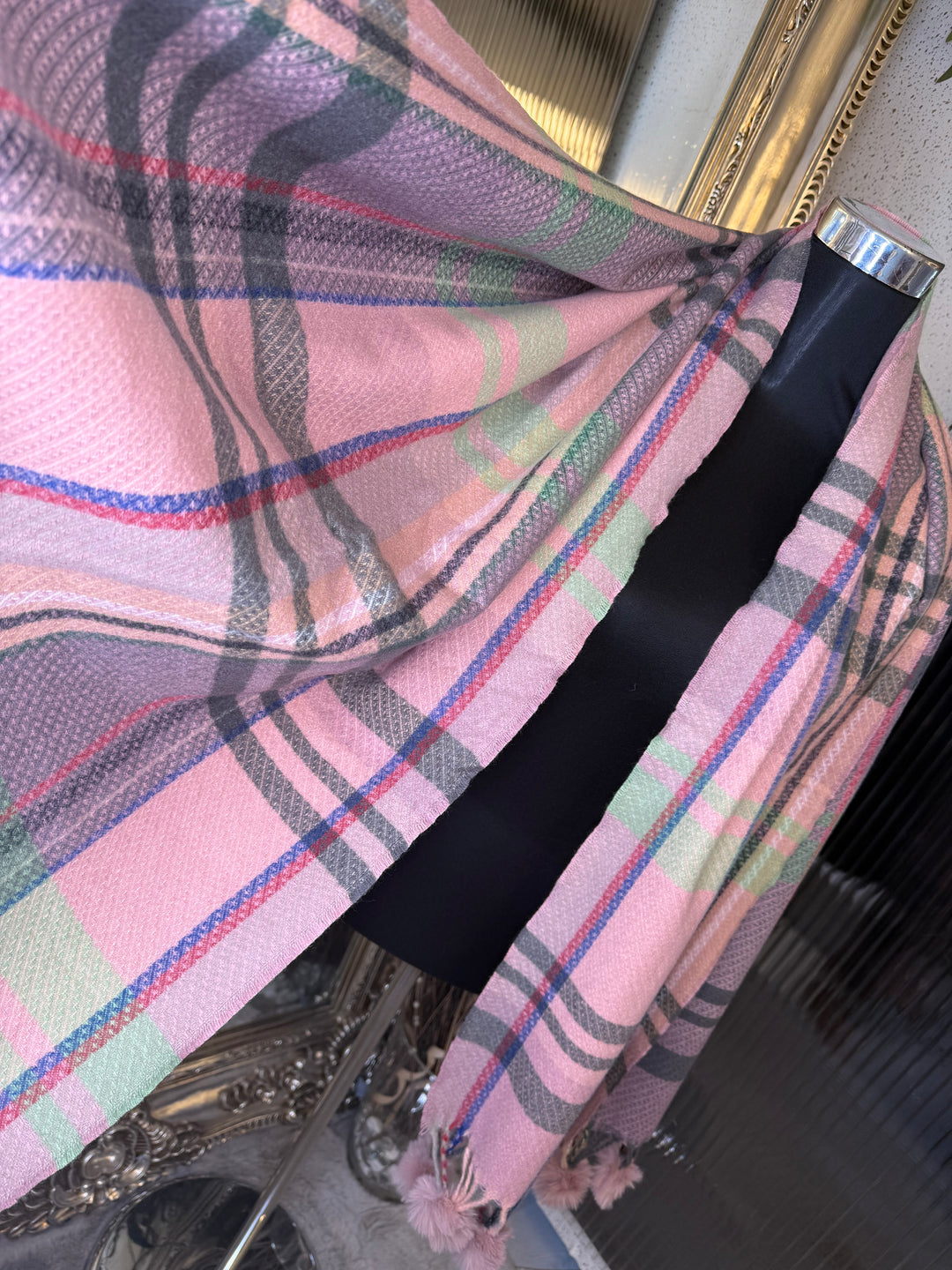 Pink Pom Pom checked scarf