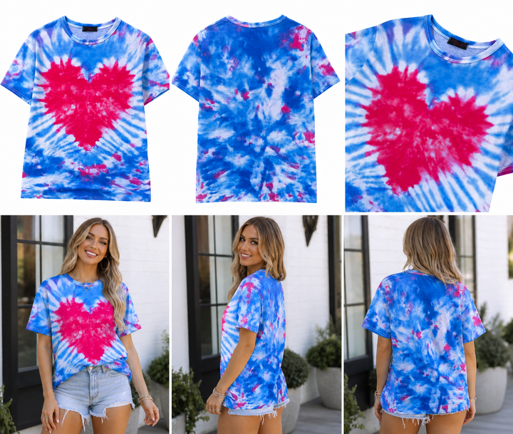 Blue &amp; Pink Tie Dye Heart Oversized T-Shirt
