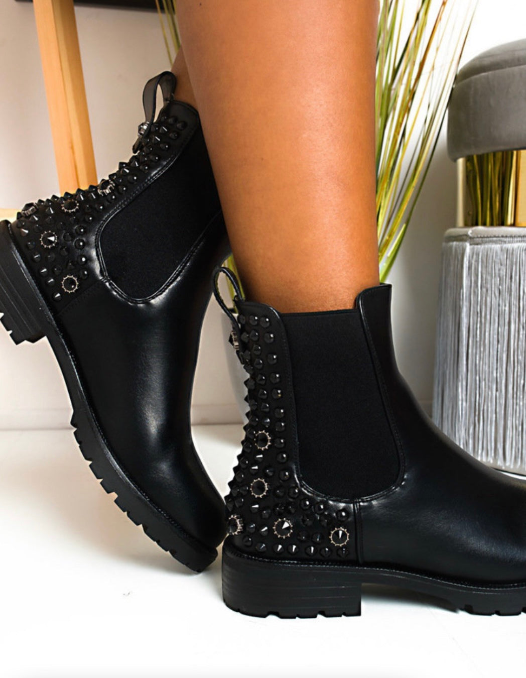 Faux Leather Ankle Boots with Black crystal details on the back heel