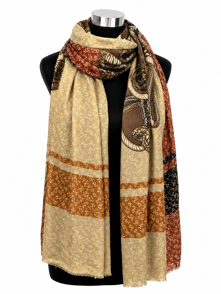 Beige rust and brown heritage print ladies scarf wrapped