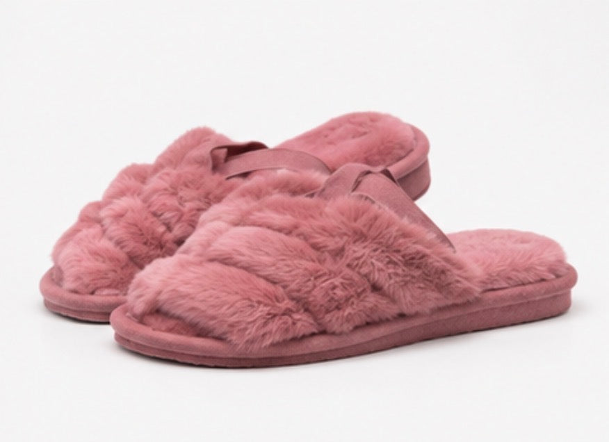 Pink fluffy cross strap slippers with open toe style and elastic heel strap