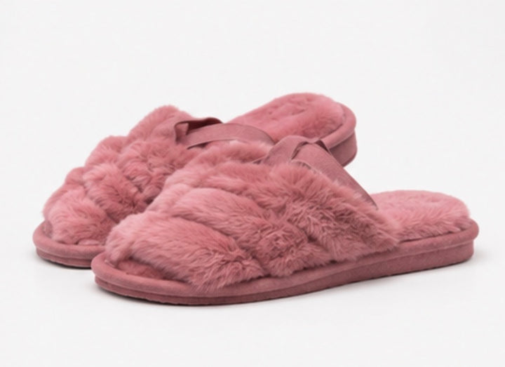 Pink fluffy cross strap slippers with open toe style and elastic heel strap