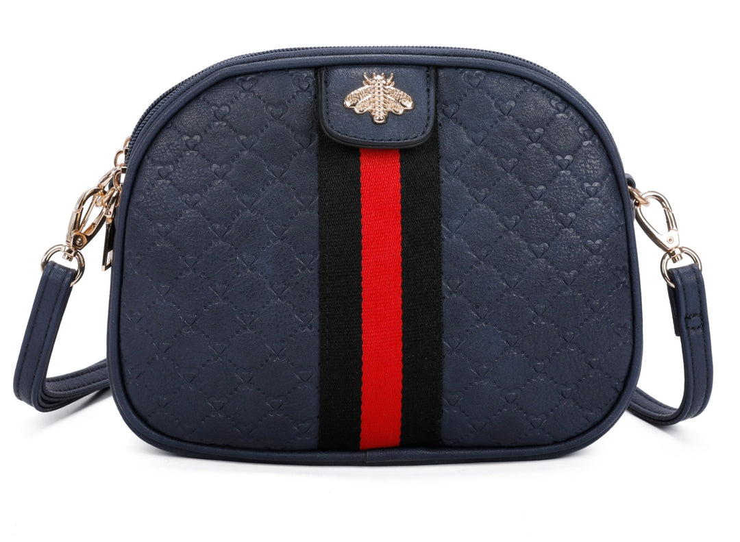 A navy quilted bee design cross body bag with a detachable and adjustable strap, featuring golden tone metal hardware.