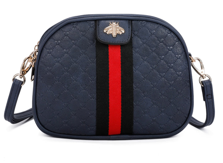 A navy quilted bee design cross body bag with a detachable and adjustable strap, featuring golden tone metal hardware.