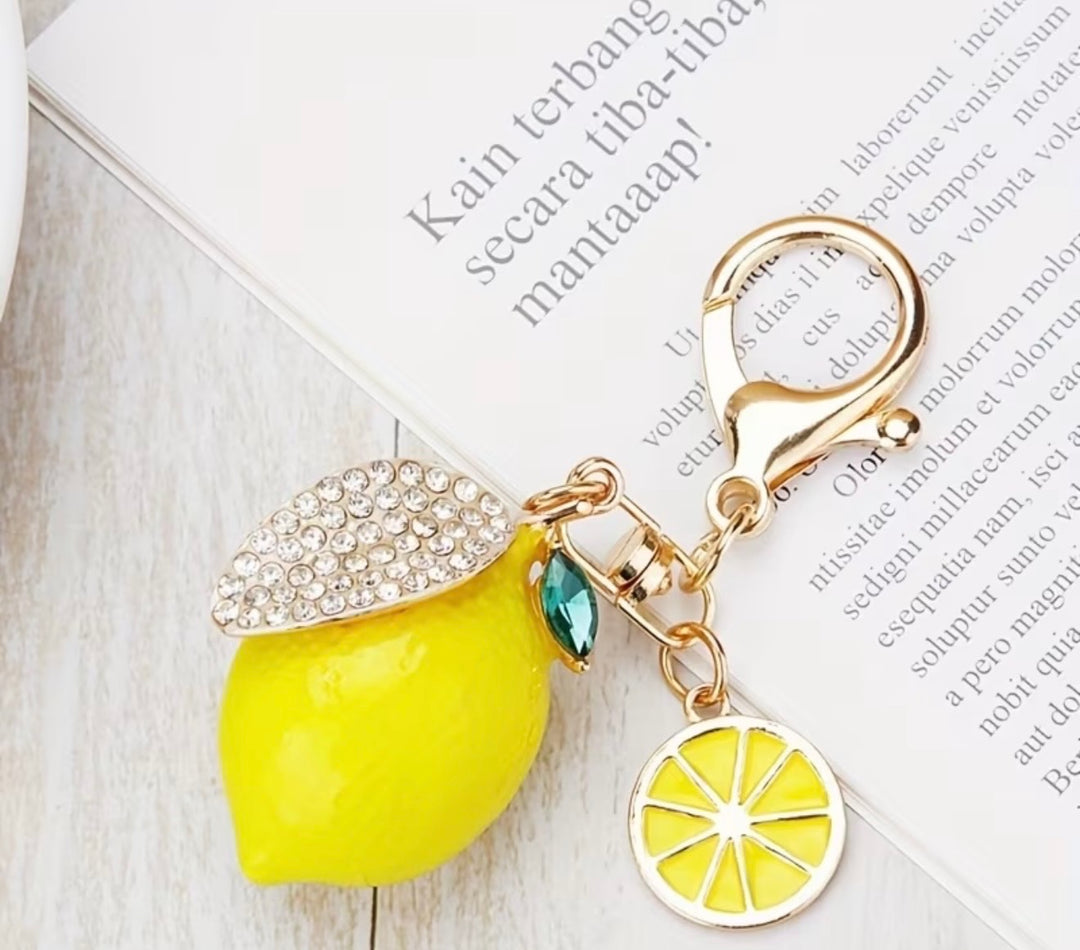 Crystal lemon keyring bag charm with citrus slice and gold clasp