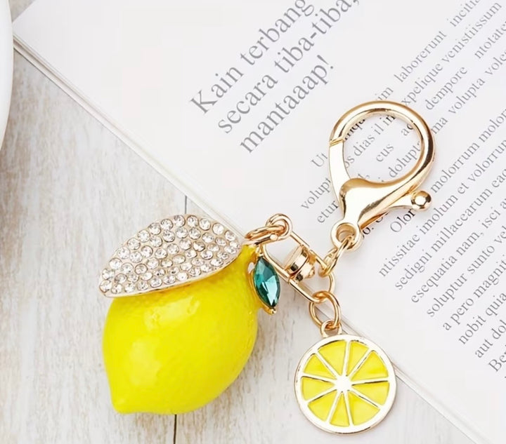 Crystal lemon keyring bag charm with citrus slice and gold clasp