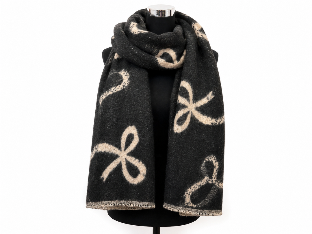 Black reversible bow print thick cosy scarf 