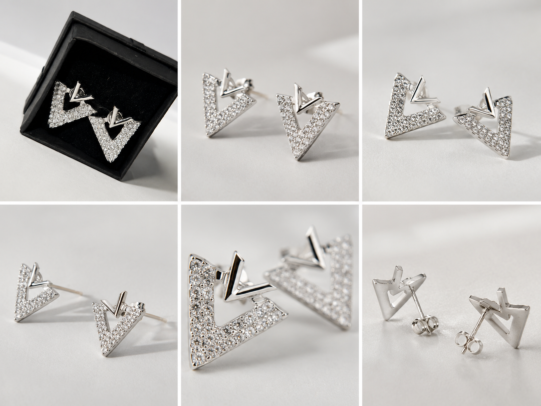 Silver crystal V-shaped stud earrings 