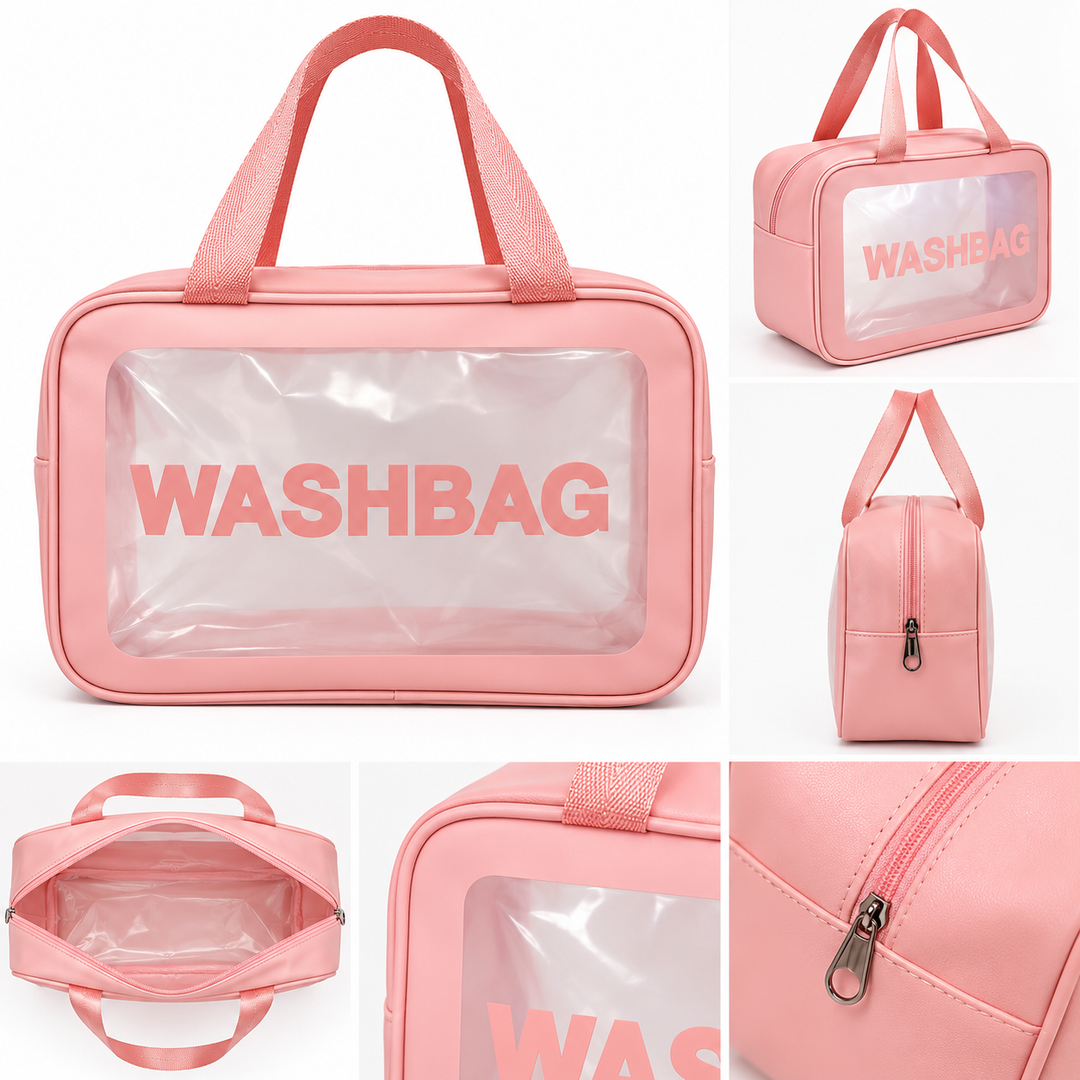 Pink clear wash bag with handles, zip fastening and WASHBAG lettering