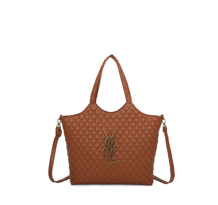 Tan large size quilted bag with gold detailed hardware and long adjustable removable strap