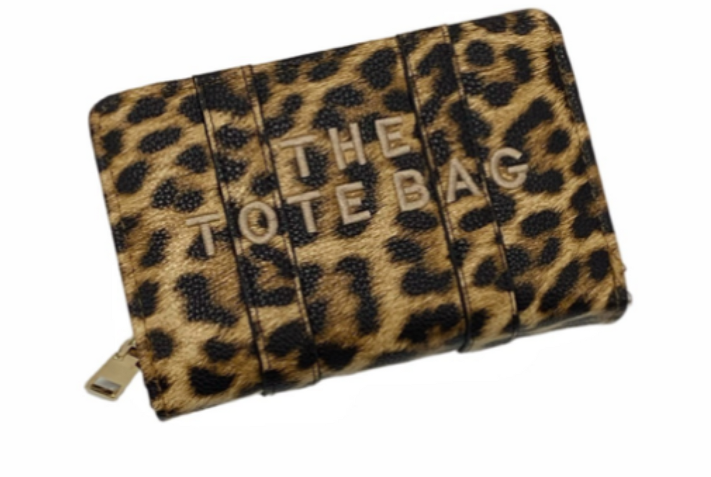 Leopard animal print card holders purses with embossed ‘The Tote Bag’ lettering and gold zip detail