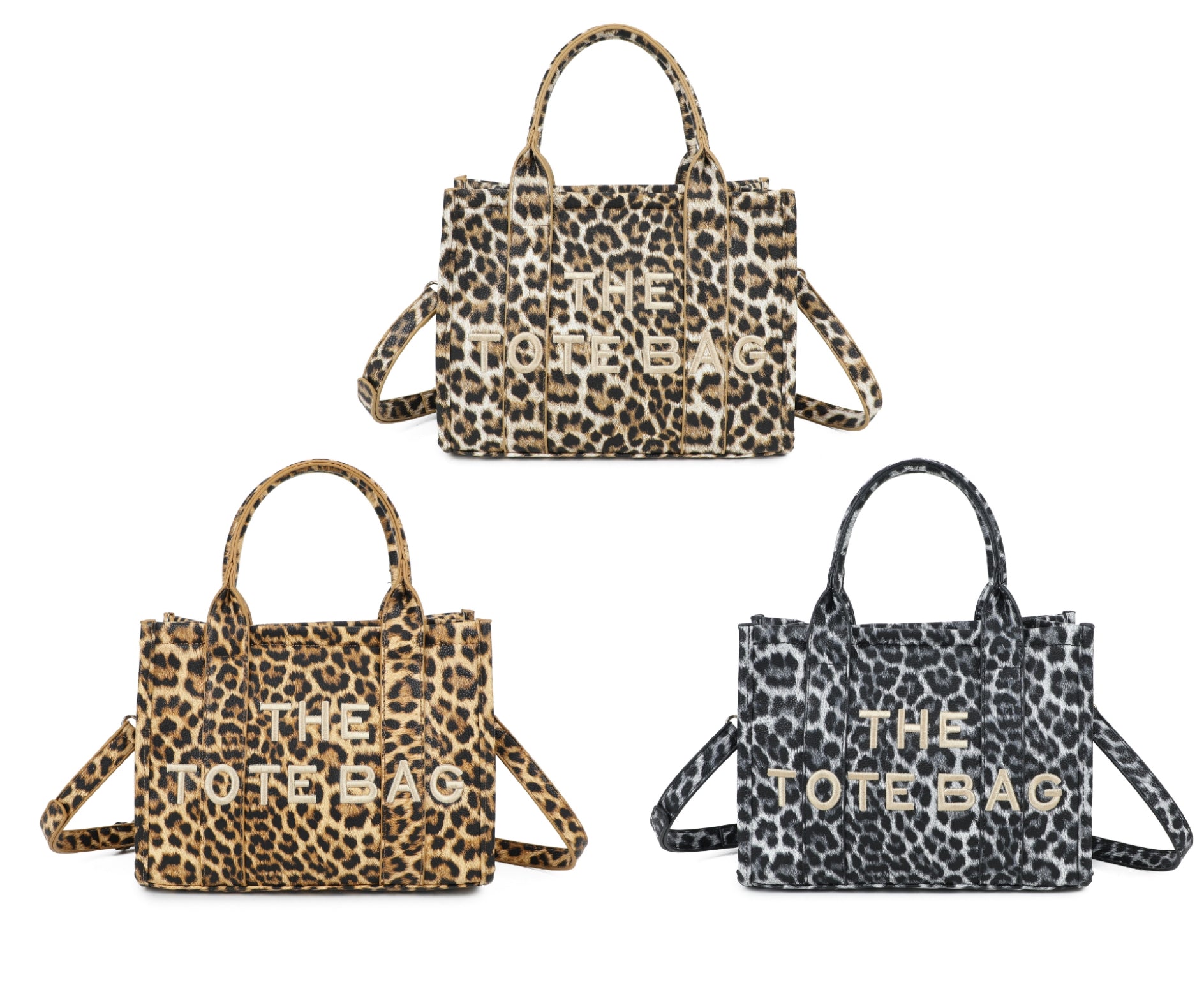 Leopard print tote bag with 'THE TOTE BAG' text with a adjustable detachable long strap