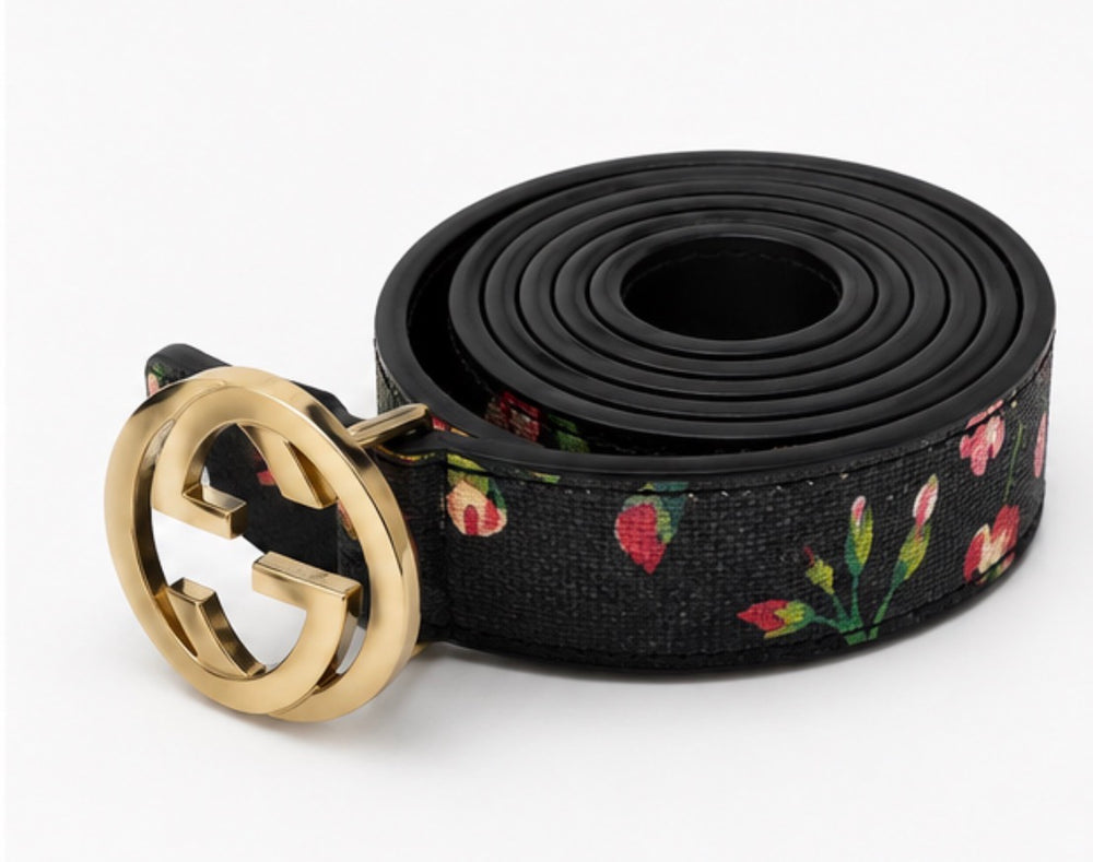 Floral black belt with gold buckle