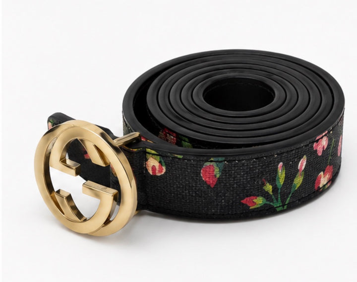 Floral black belt with gold buckle
