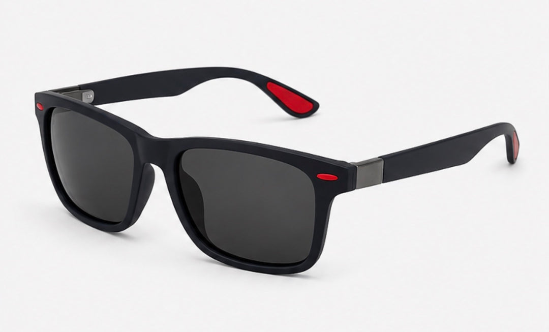 Matte black polarised sunglasses with square frame, dark lenses and red detail accents 