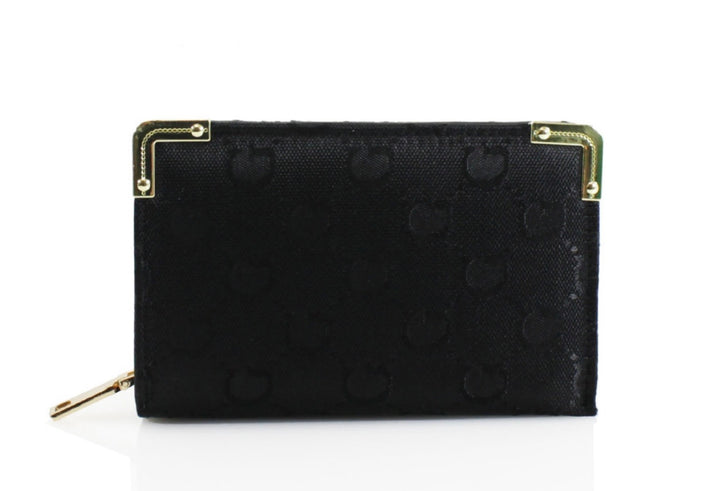 Black textured wallet with gold accents on a white background