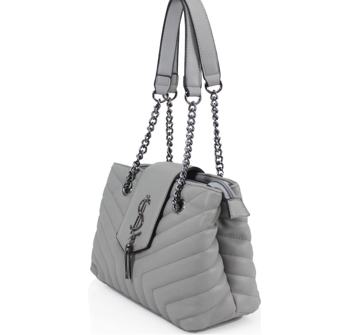 Grey quilted medium size handbag with metal hardware, chain straps and flap closure
