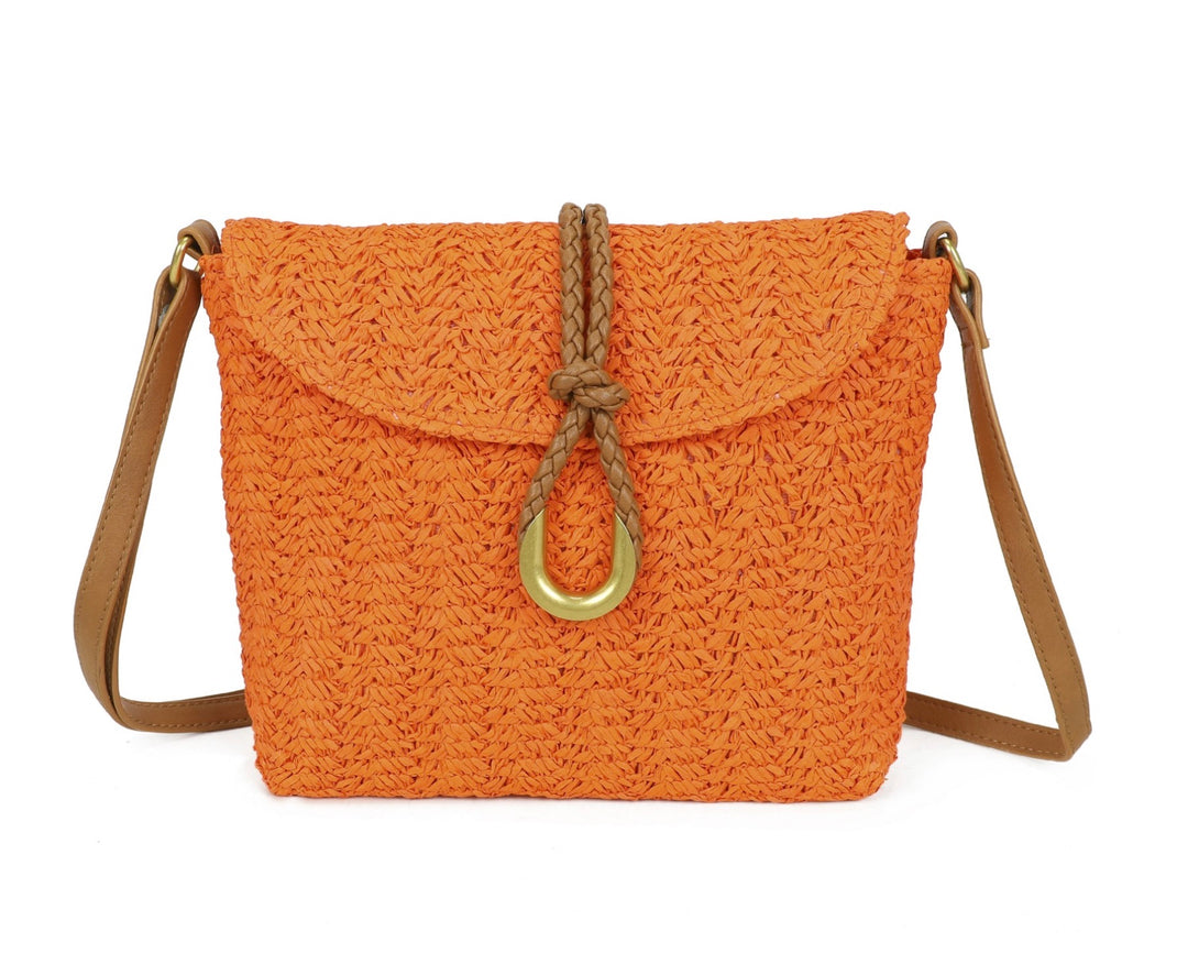 Orange woven crossbody handbag with a brown strap 