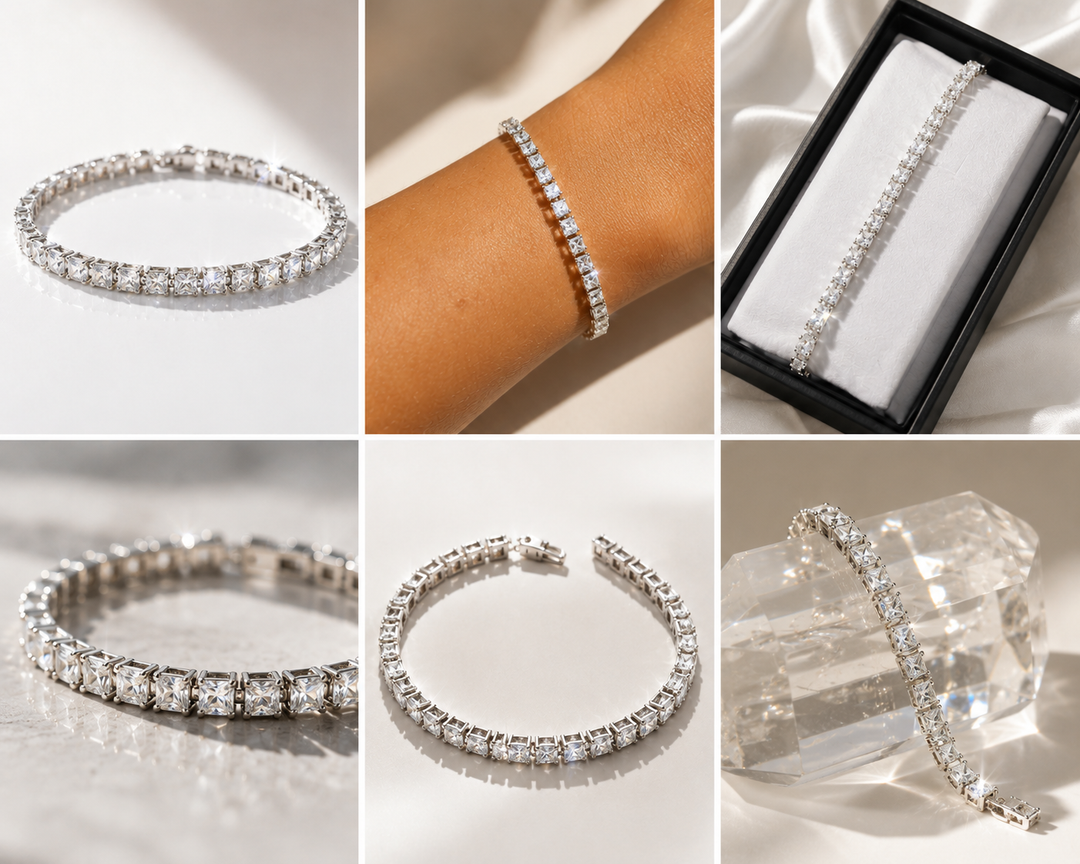 Silver tennis bracelet featuring sparkling square-cut cubic zirconia stones