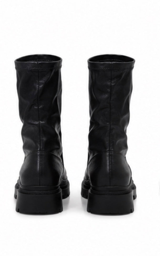 Black faux leather chunky sole slip on mid-calf boots 