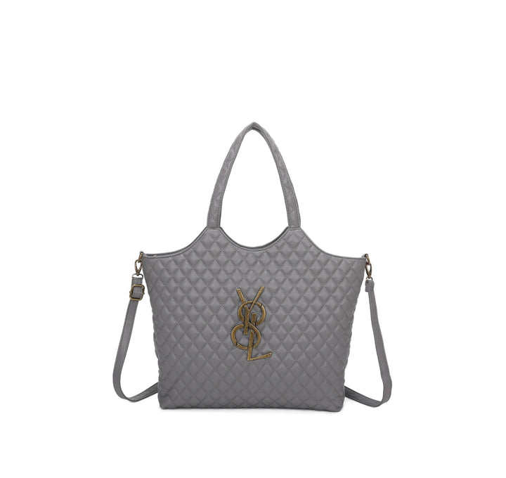 Grey large size quilted bag with gold detailed hardware and long adjustable removable strap