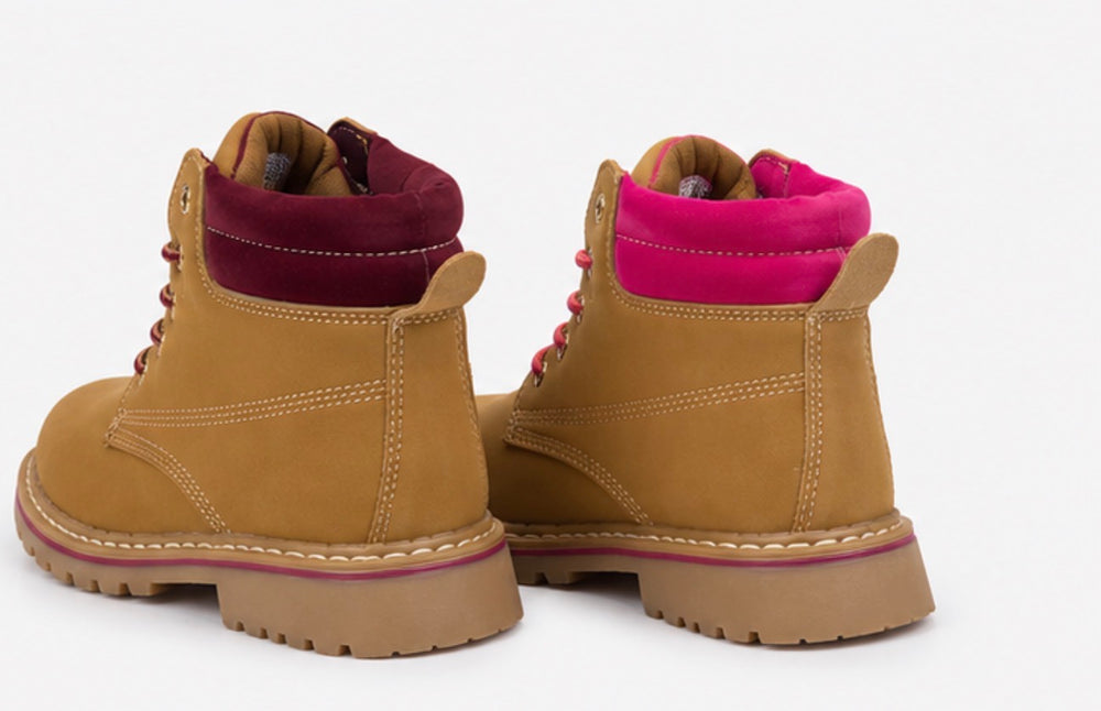 Girls camel lace-up ankle boots with burgundy or hot pink padded collar and matching laces