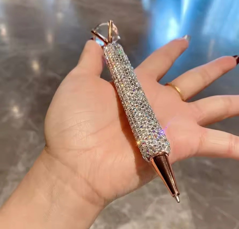 Crystal diamanté ballpoint pen with large gem top and rose gold detail