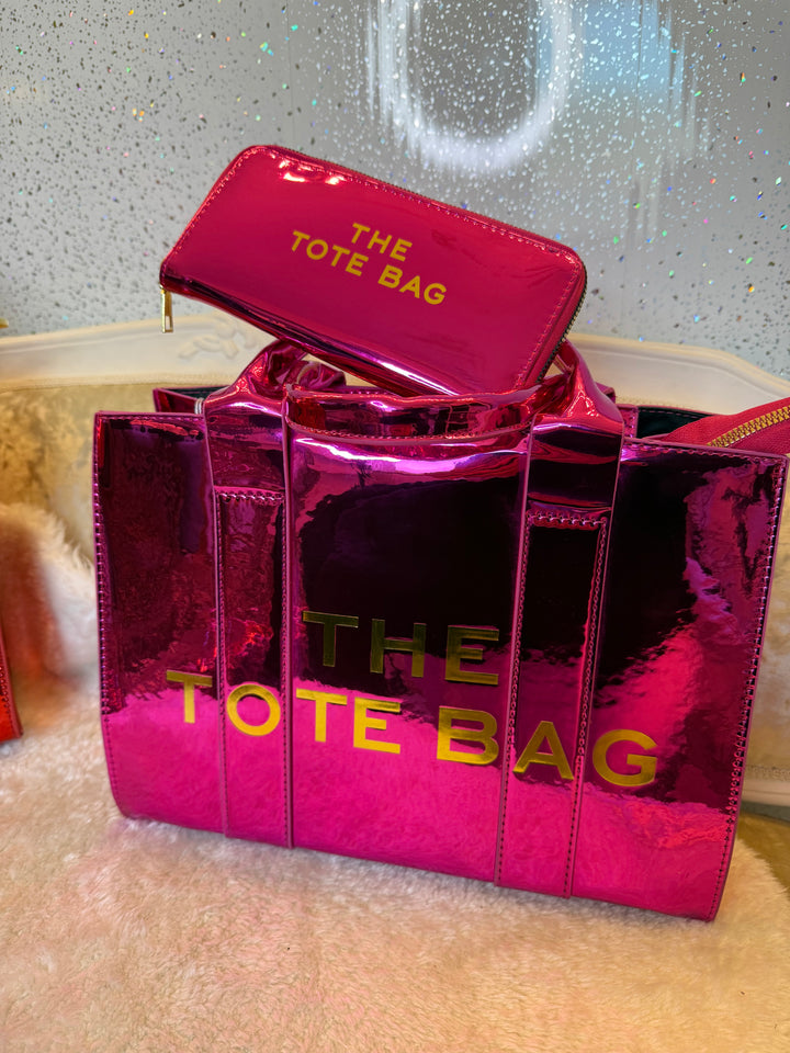 Metallic patent large tote bag and purse set