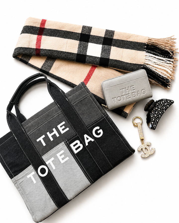 Luxury handbag bundle featuring a matching handbag, coordinating purse and elegant scarf styled together 