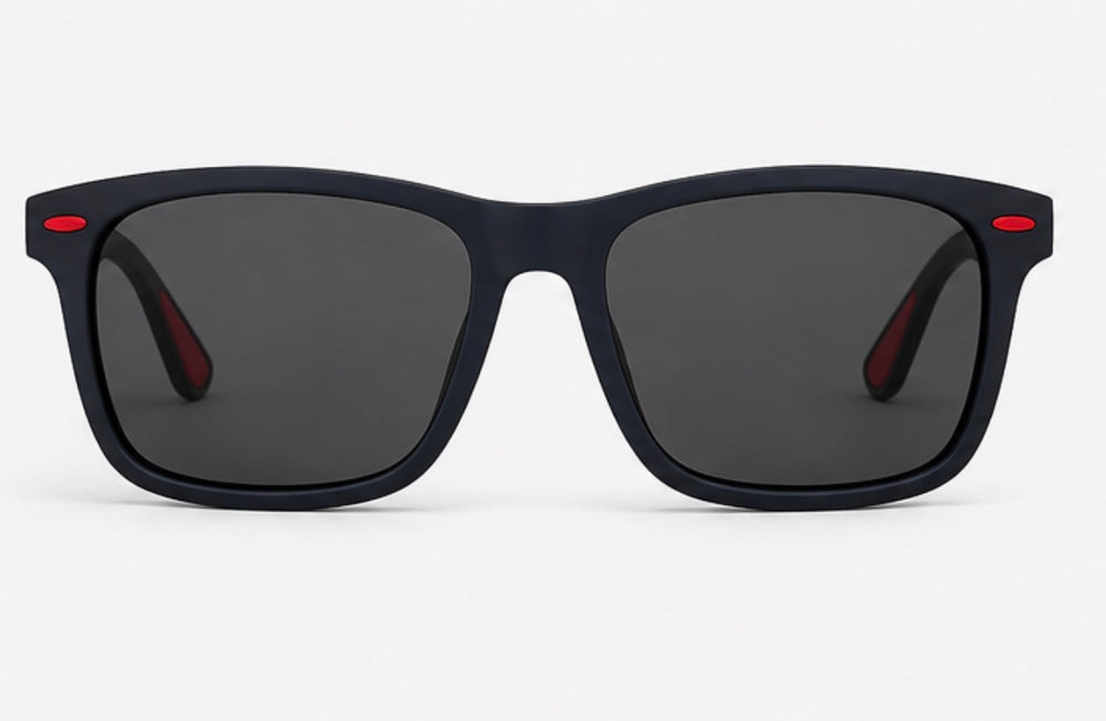 Matte black polarised sunglasses with square frame, dark lenses and red detail accents 