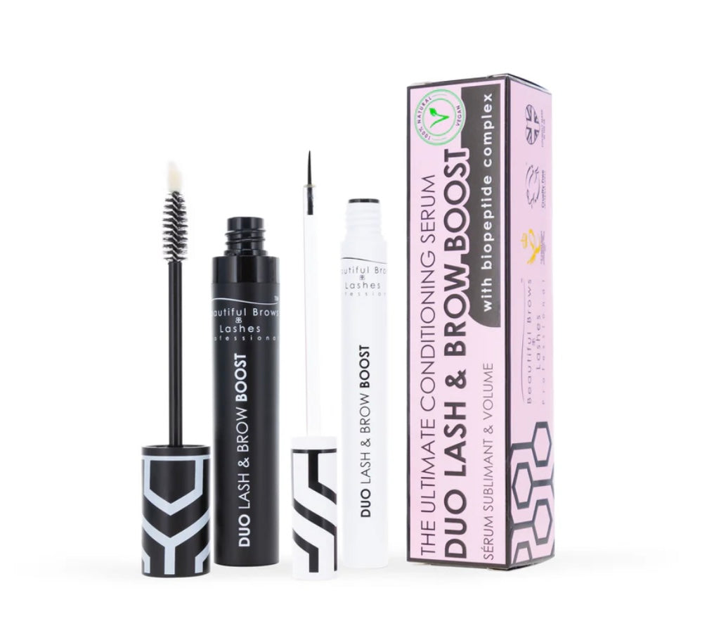 Lash and brow products including serum, mascara wand, and packaging box