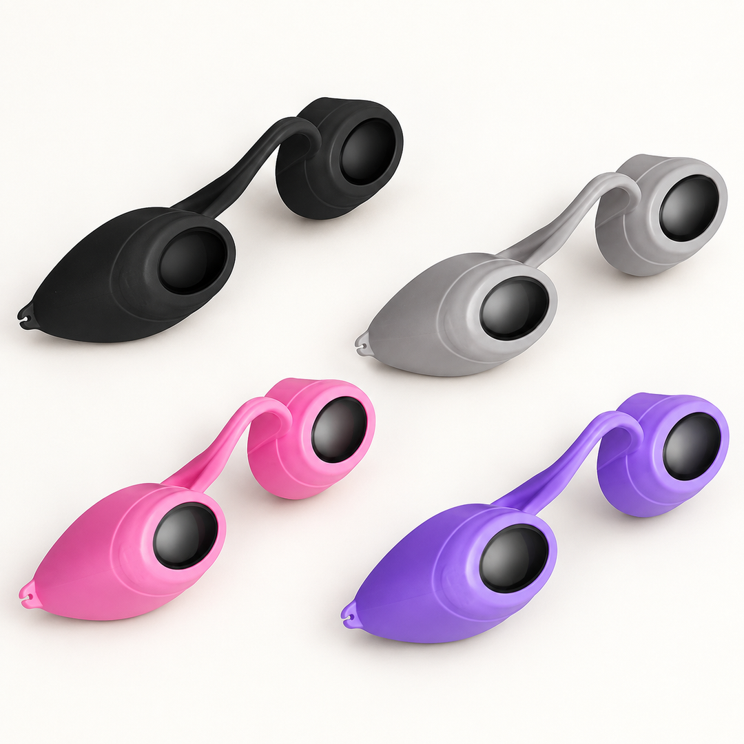 Compact sunbed tanning goggles in black, grey, pink and purple with dark protective lenses